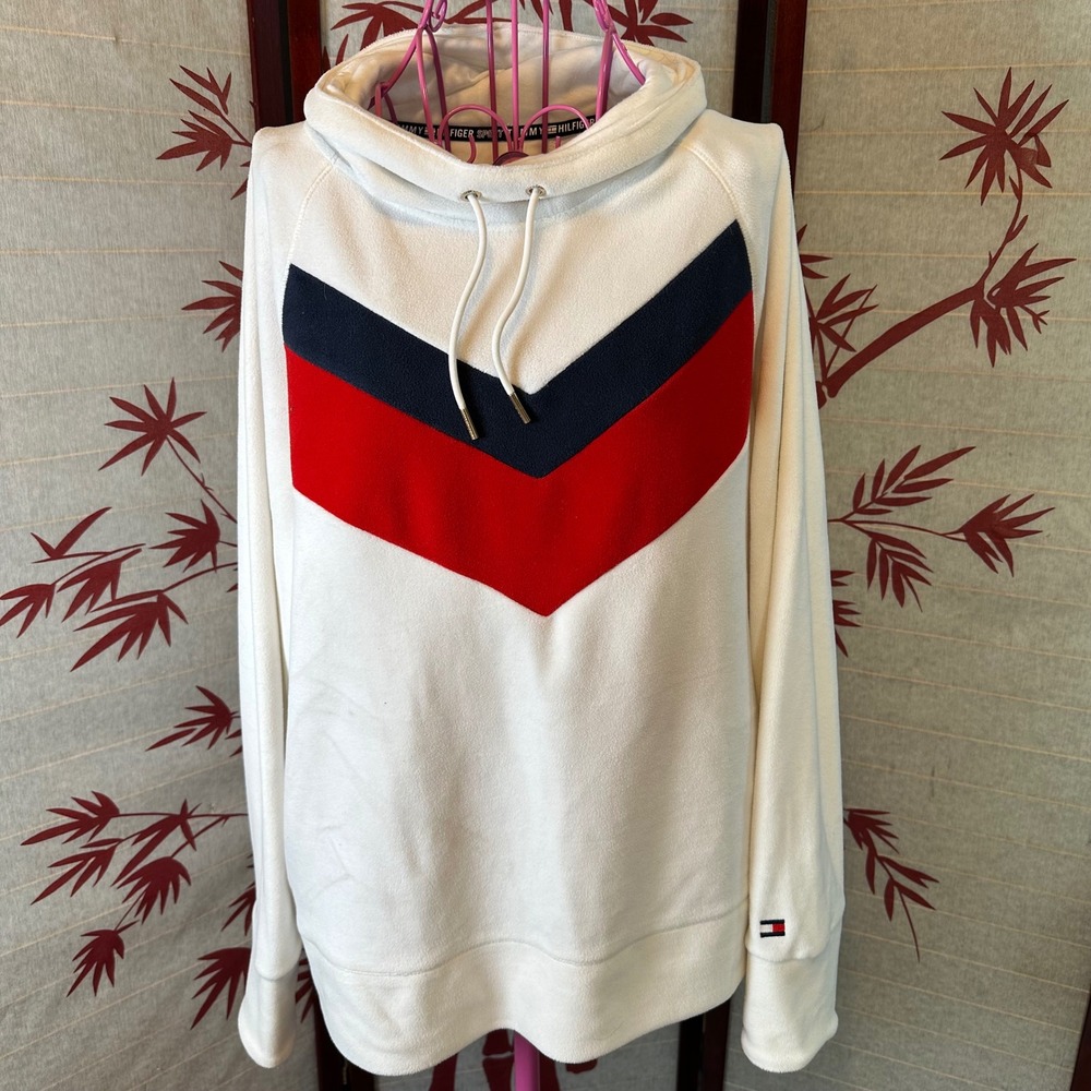 Tommy Hilfiger Sport‎ White Fleece Cowl Neck Chevron Hoodie XL Y2K Academia